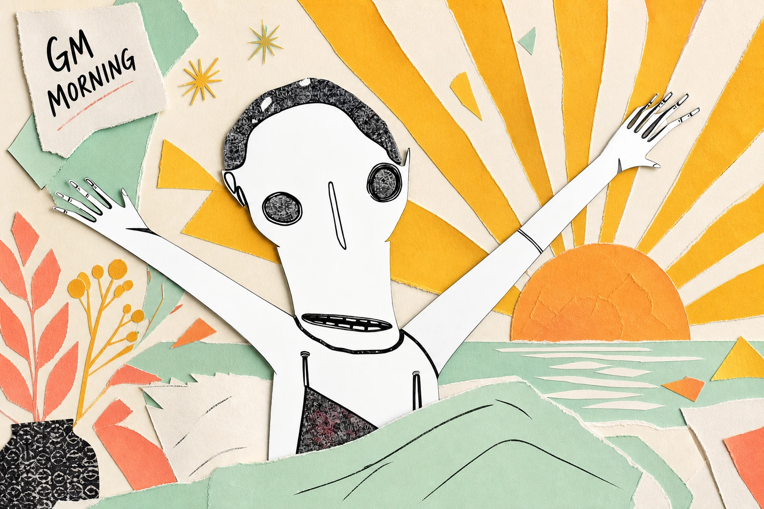 Manko greeting the day in his paper-collage world
