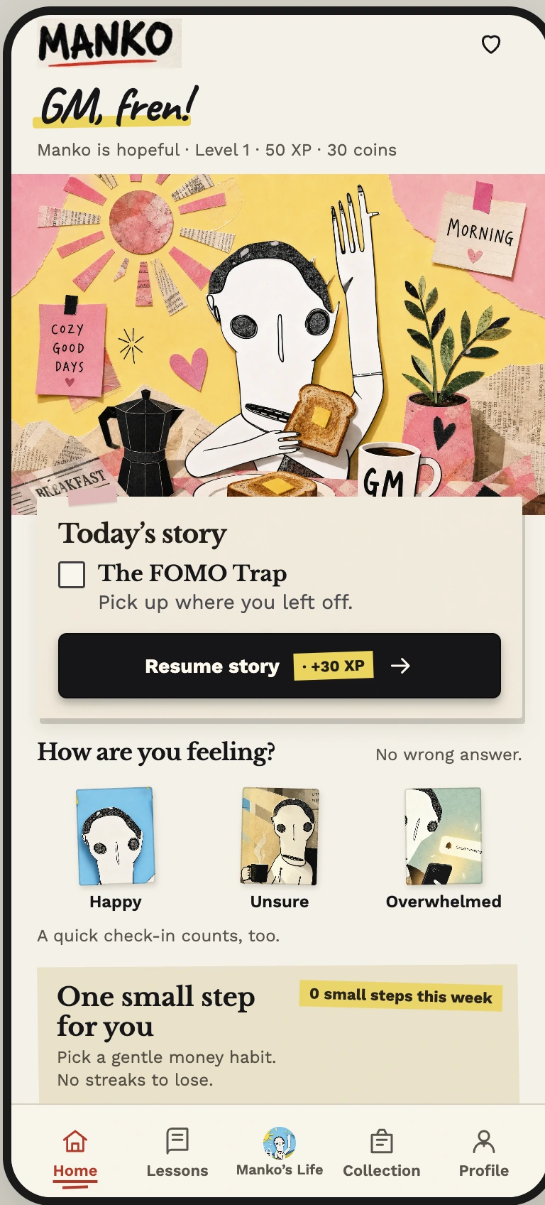 MANKO app home screen with Manko’s morning story and feelings check-in