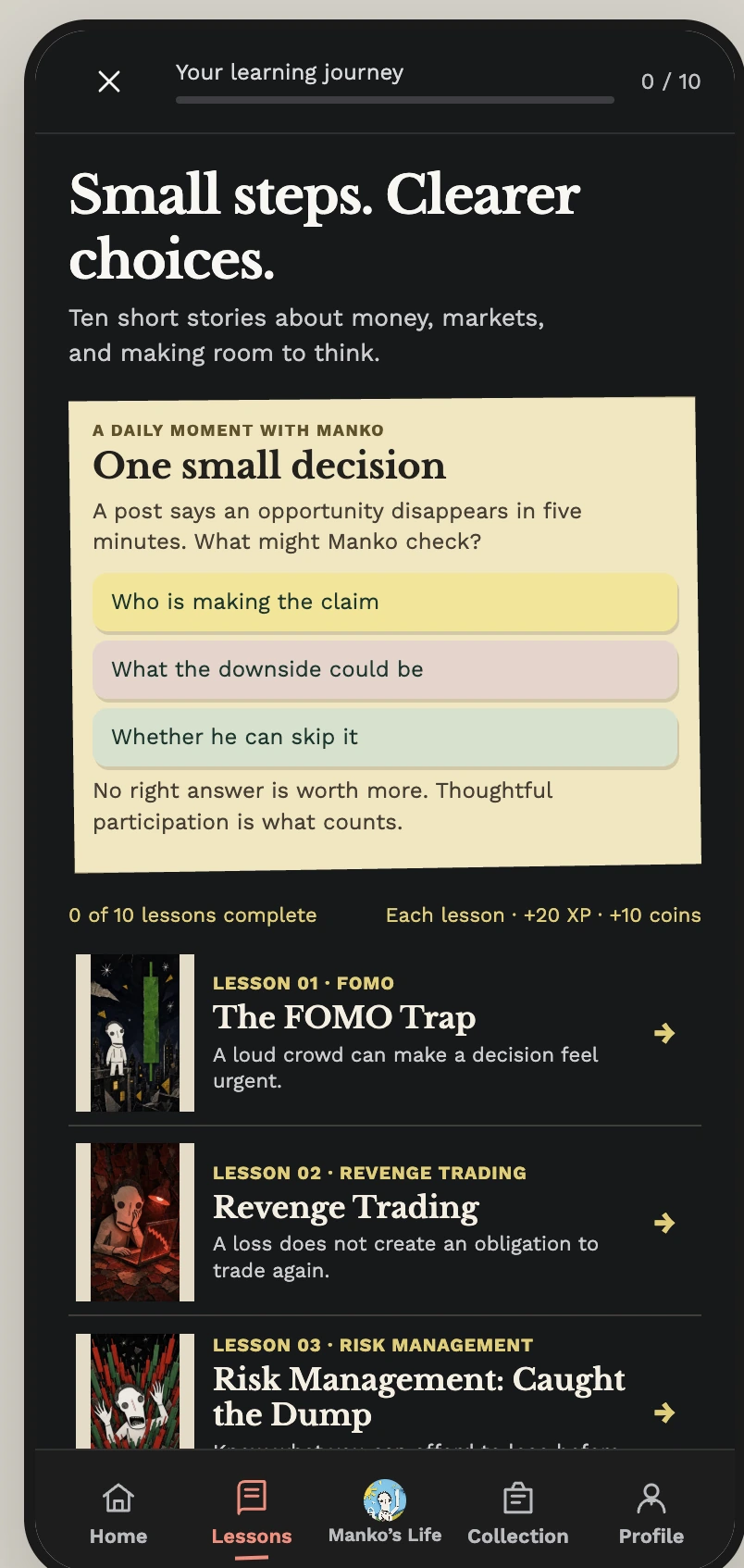 MANKO app lessons screen with illustrated stories about money and choices
