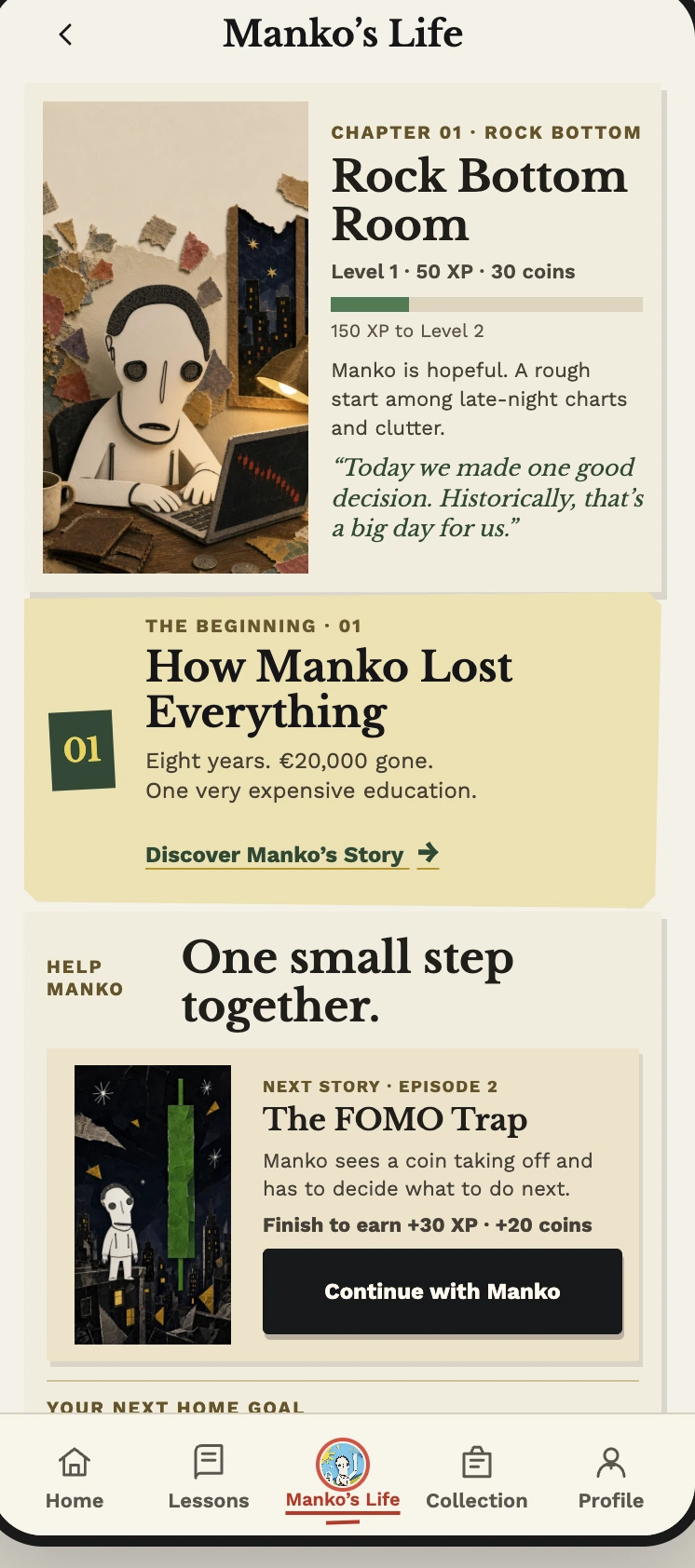 MANKO app life screen with Manko’s daily ritual and places to explore